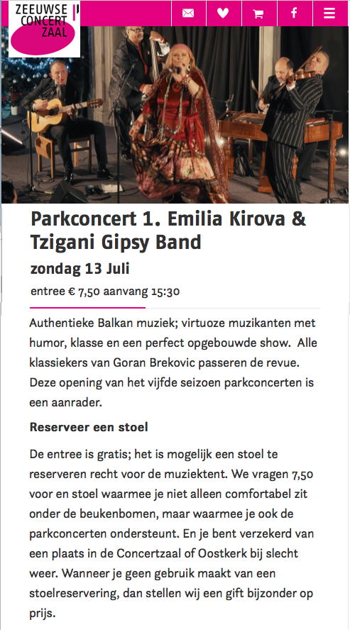 Page Internet. Zeeuwse Concertzaal, Middelburg. Parkconcert 1. Emilia Kirova en Tzigani Gipsy Band. 2025-07-13